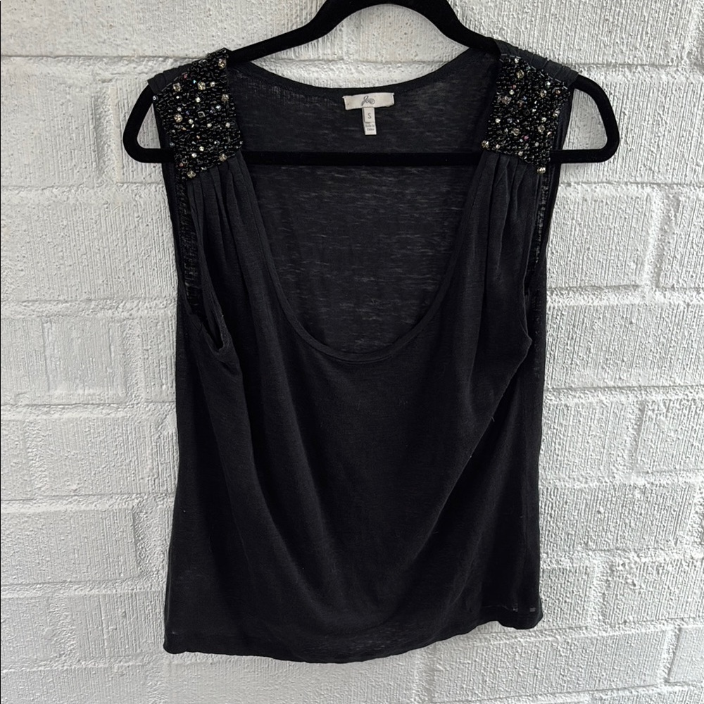 Joie Linen Black Embellished Beaded Sleeveless Tank Top